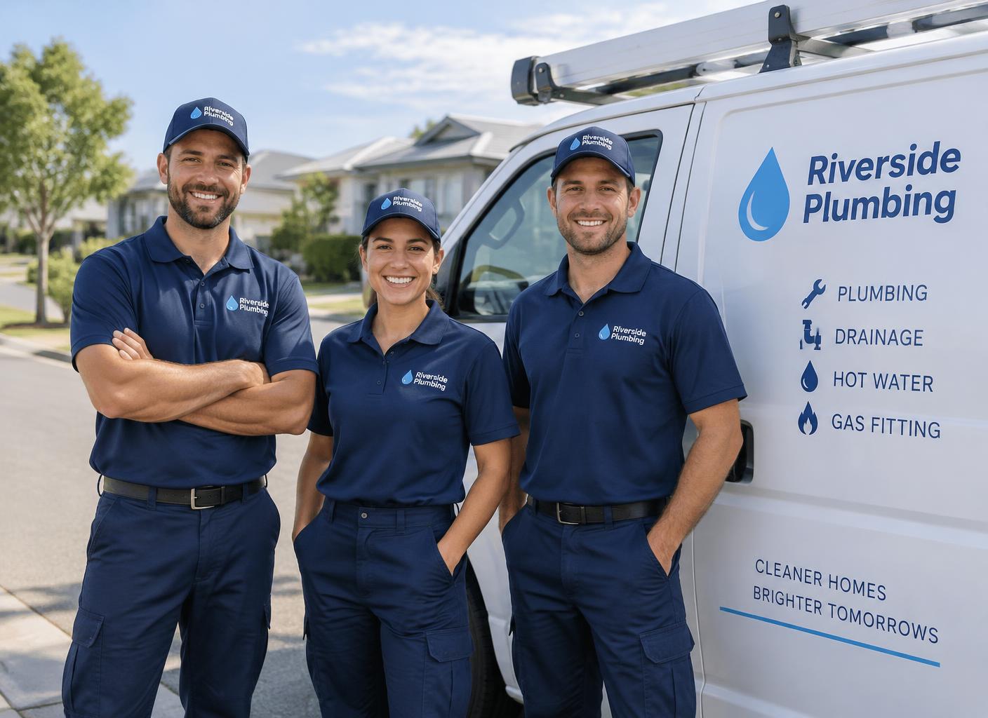 The Riverside Plumbing team standing beside their service van
